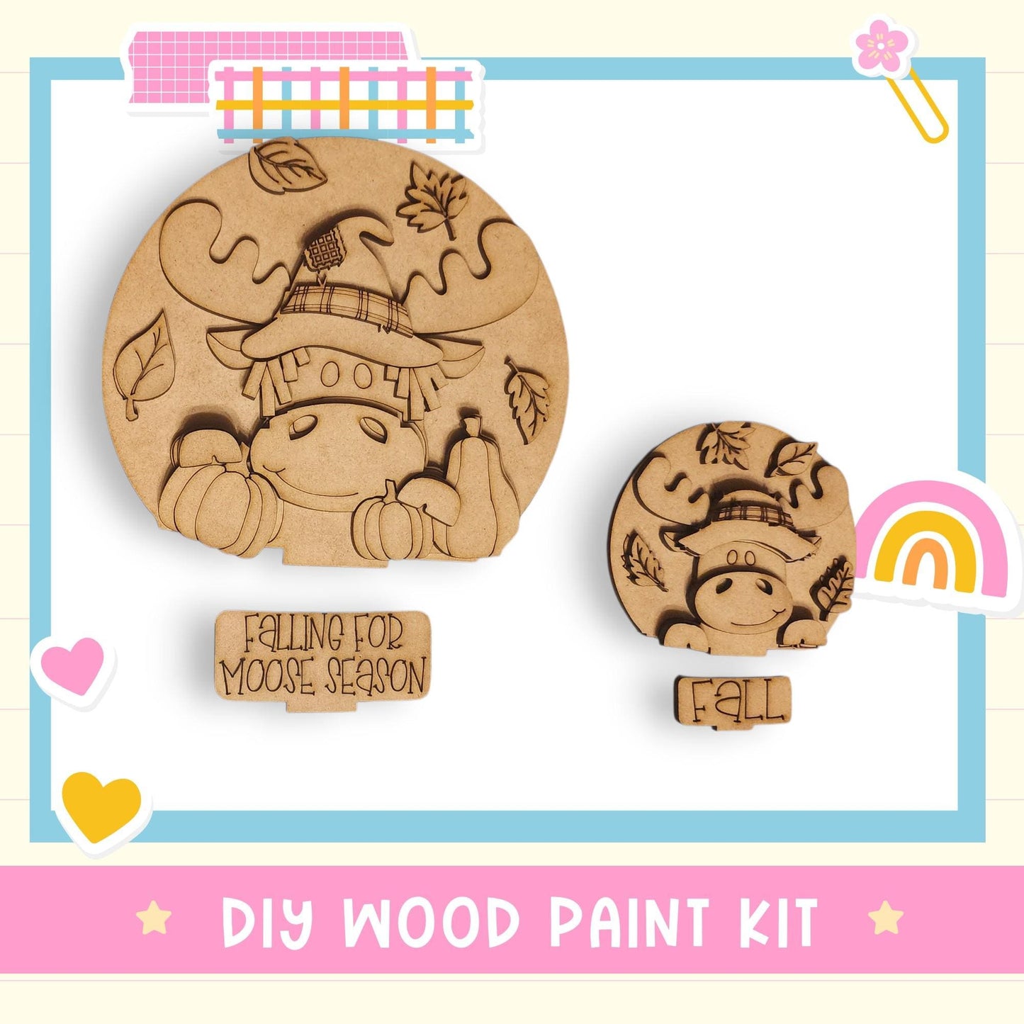 a DIY wood paint kit for creating wooden decorations, including a moose-themed decoration and a falling for moose season decoration.
