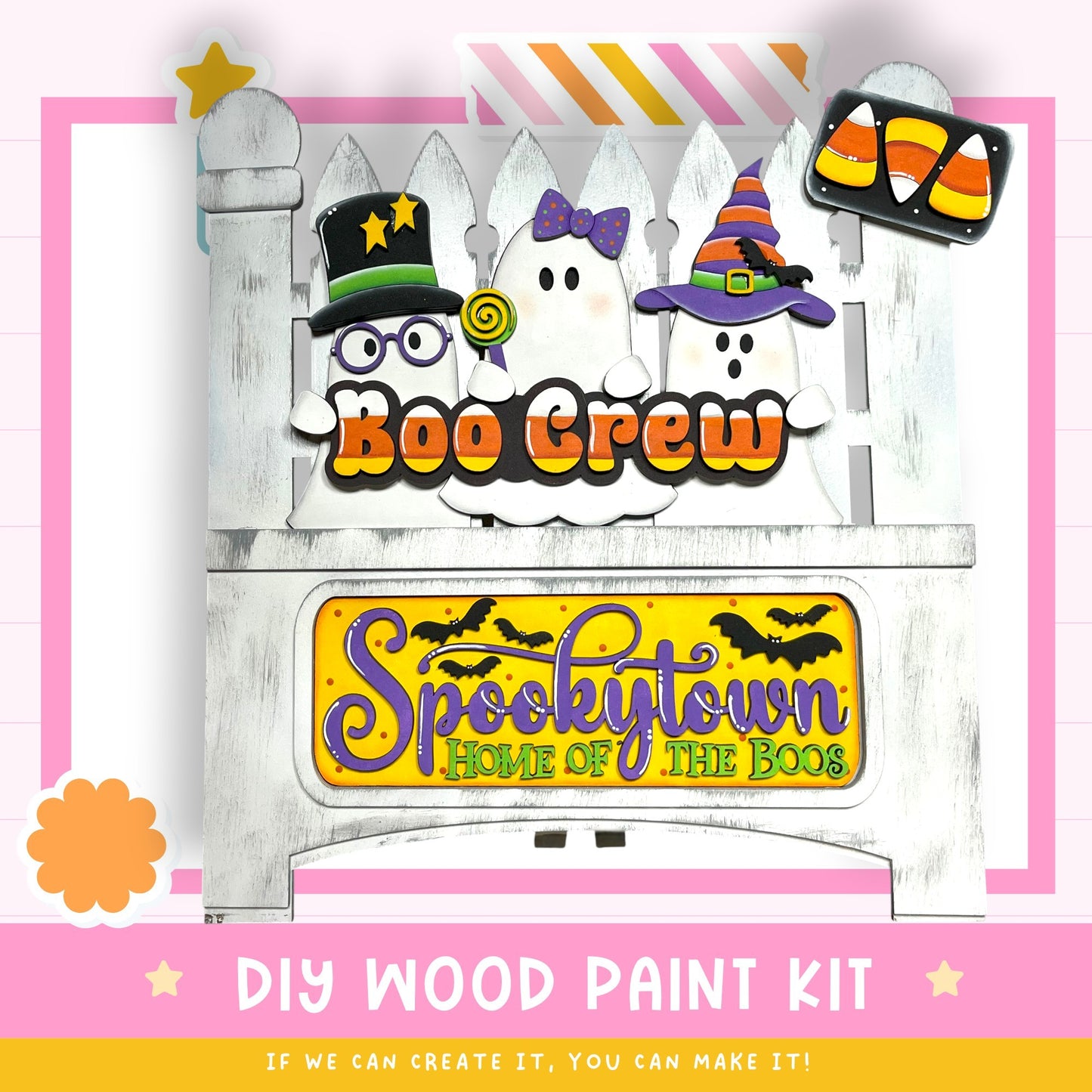 The image is a promotional poster for a DIY wood paint kit for creating Halloween decorations, featuring three spooky ghost characters and a sign for "Spookytown Home of the Boos".