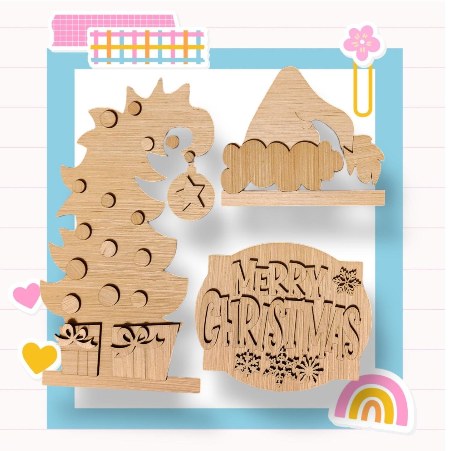 a wooden cutout of a christmas tree and other decorations