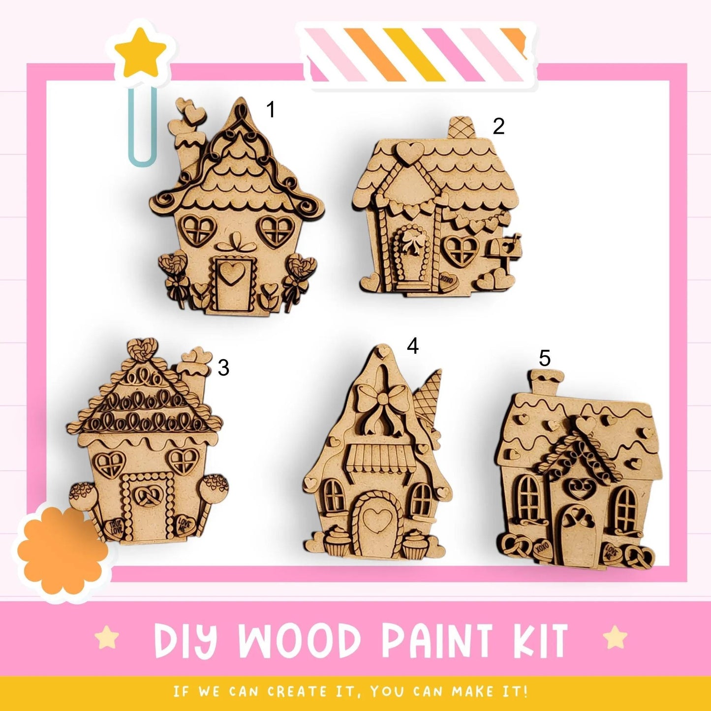 a DIY wood paint kit for creating wooden houses, with five different wooden houses displayed in a pink and white background.