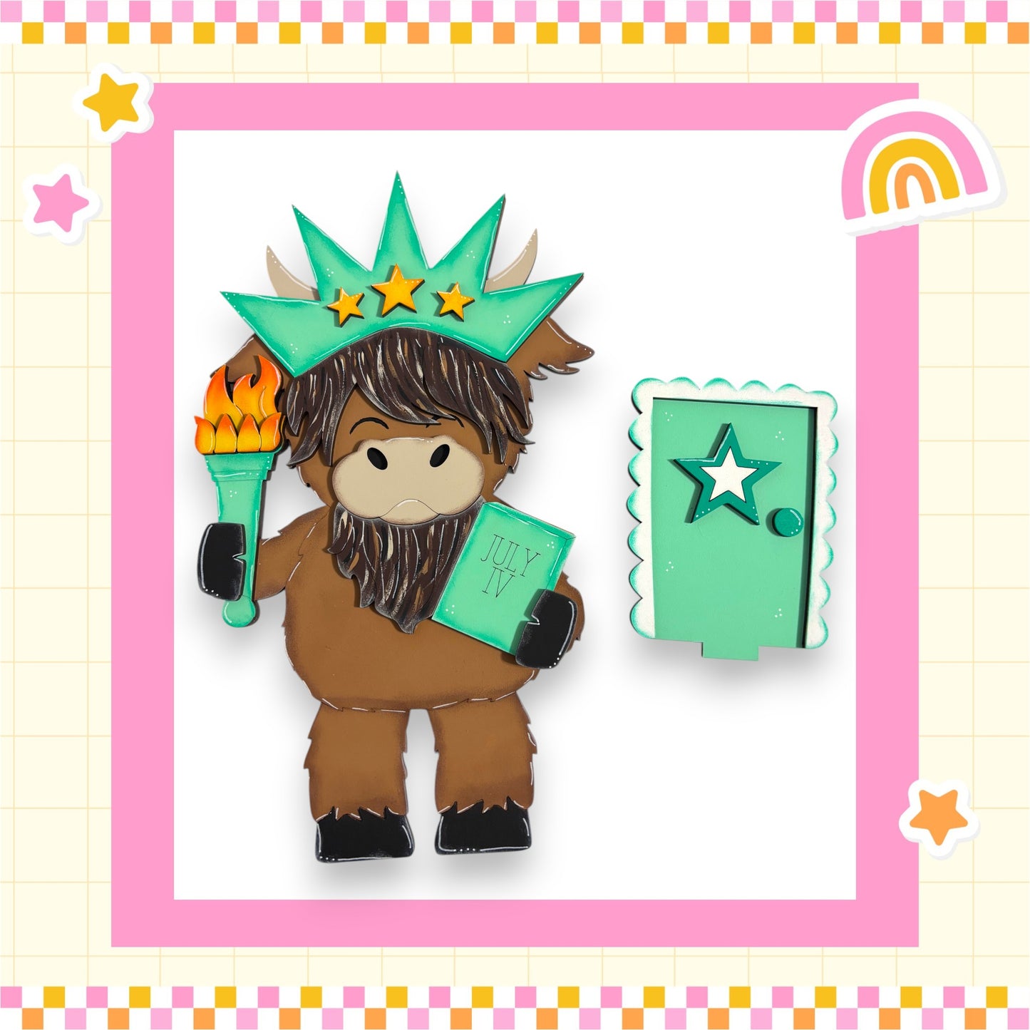 A cartoon character wearing a crown and holding a torch, standing next to a green star-shaped object.