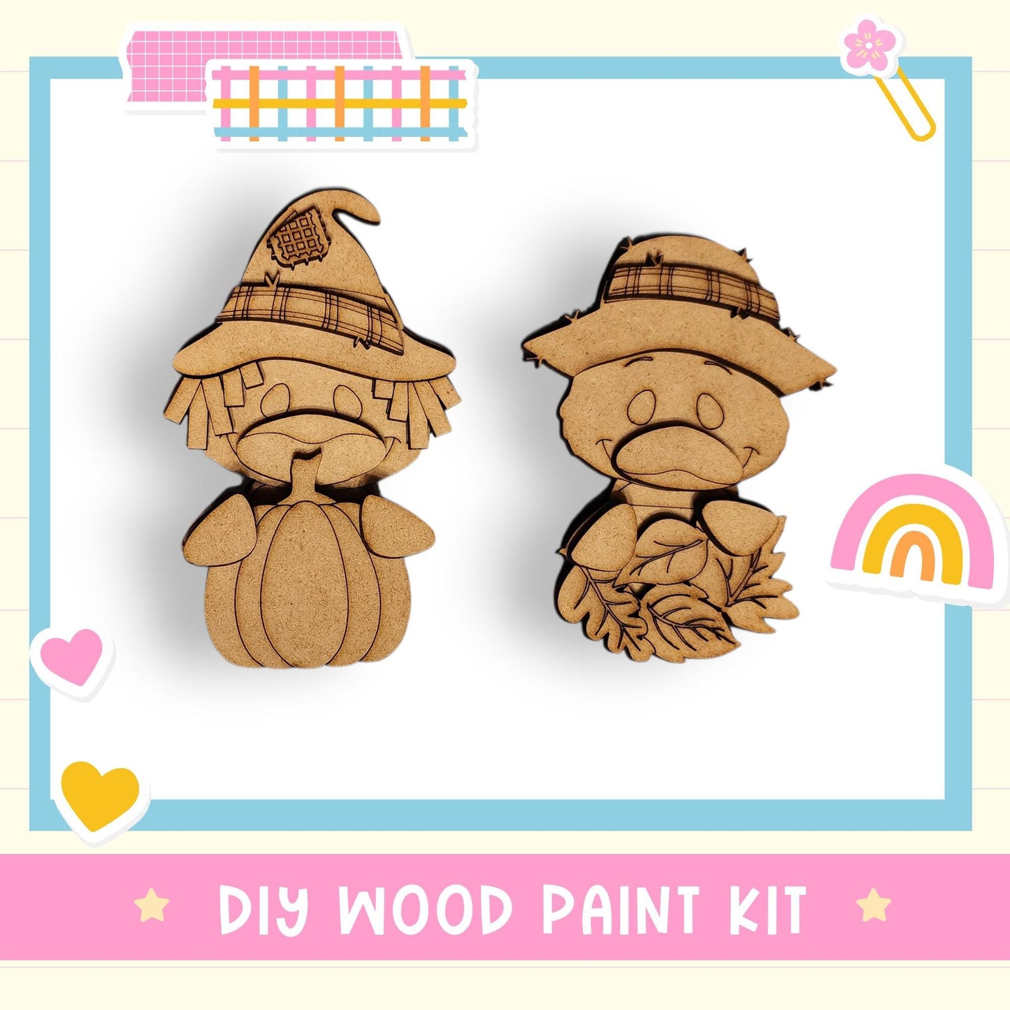two wooden cutouts of cartoon characters, likely intended as a DIY wood paint kit for creating similar figures.