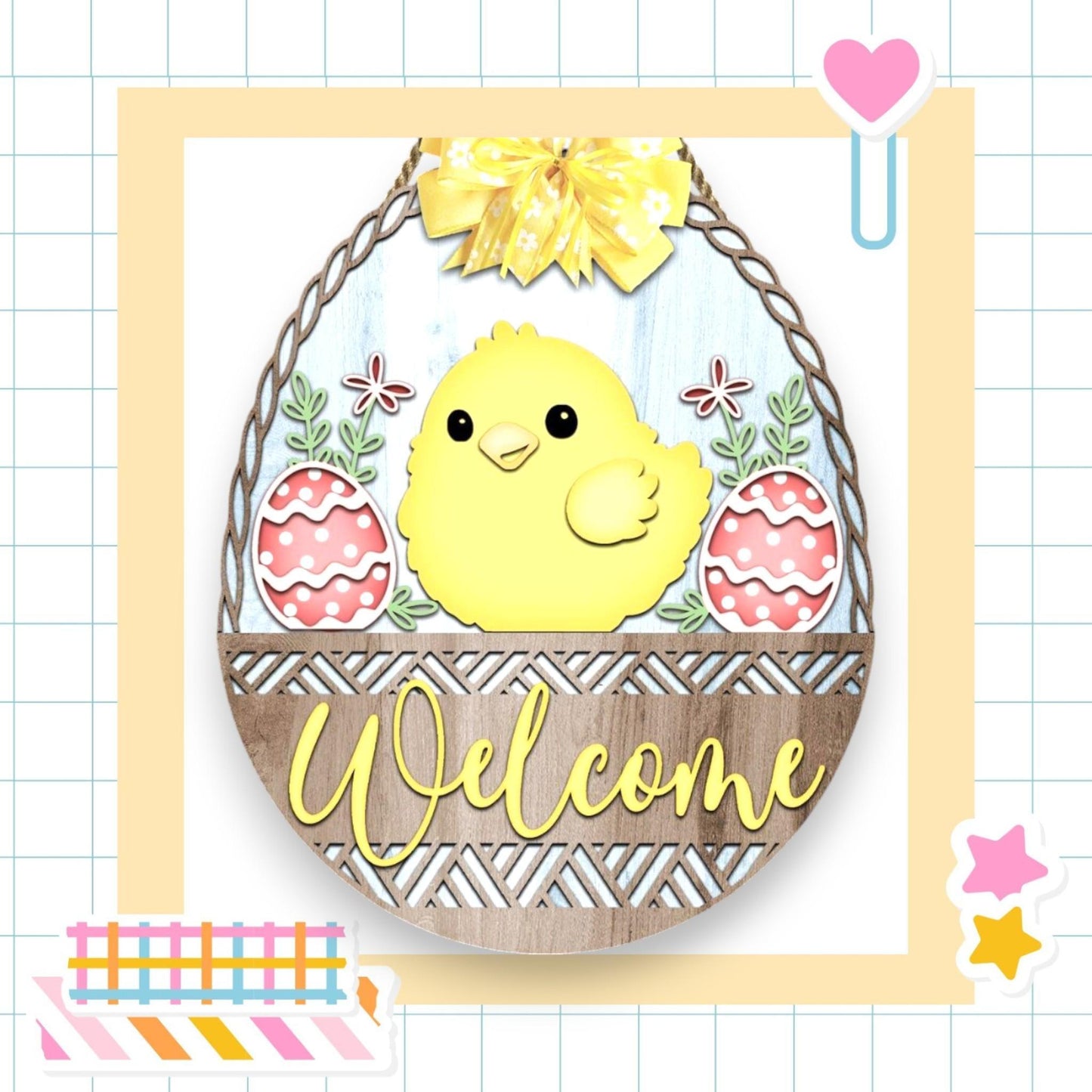 a welcome sign with a yellow chick in a basket