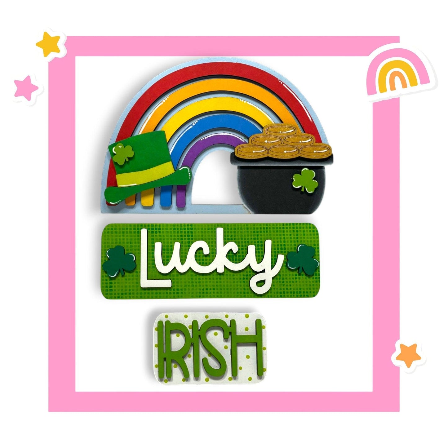 a st patrick's day card with a pot of gold, a rainbow,