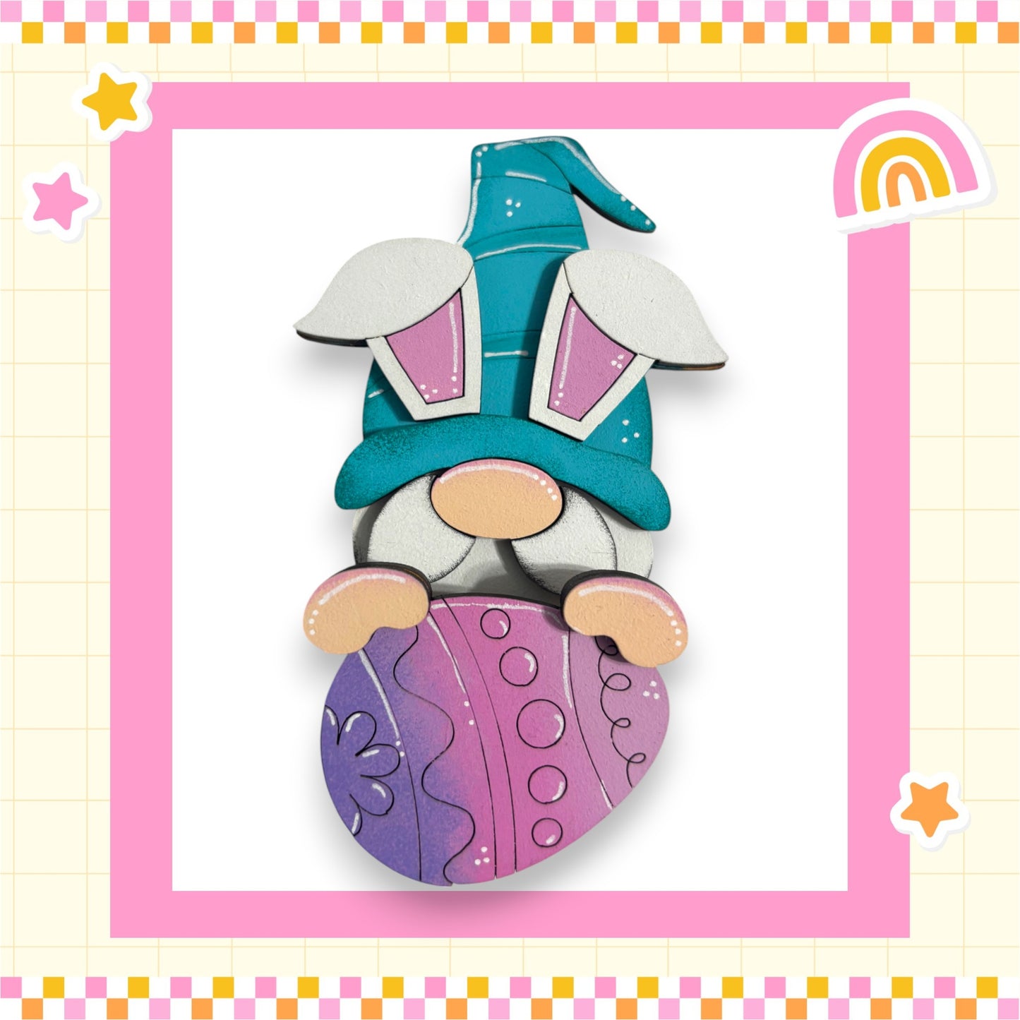 A whimsical Easter-themed illustration featuring a gnome-like character with bunny ears, holding a decorated Easter egg.