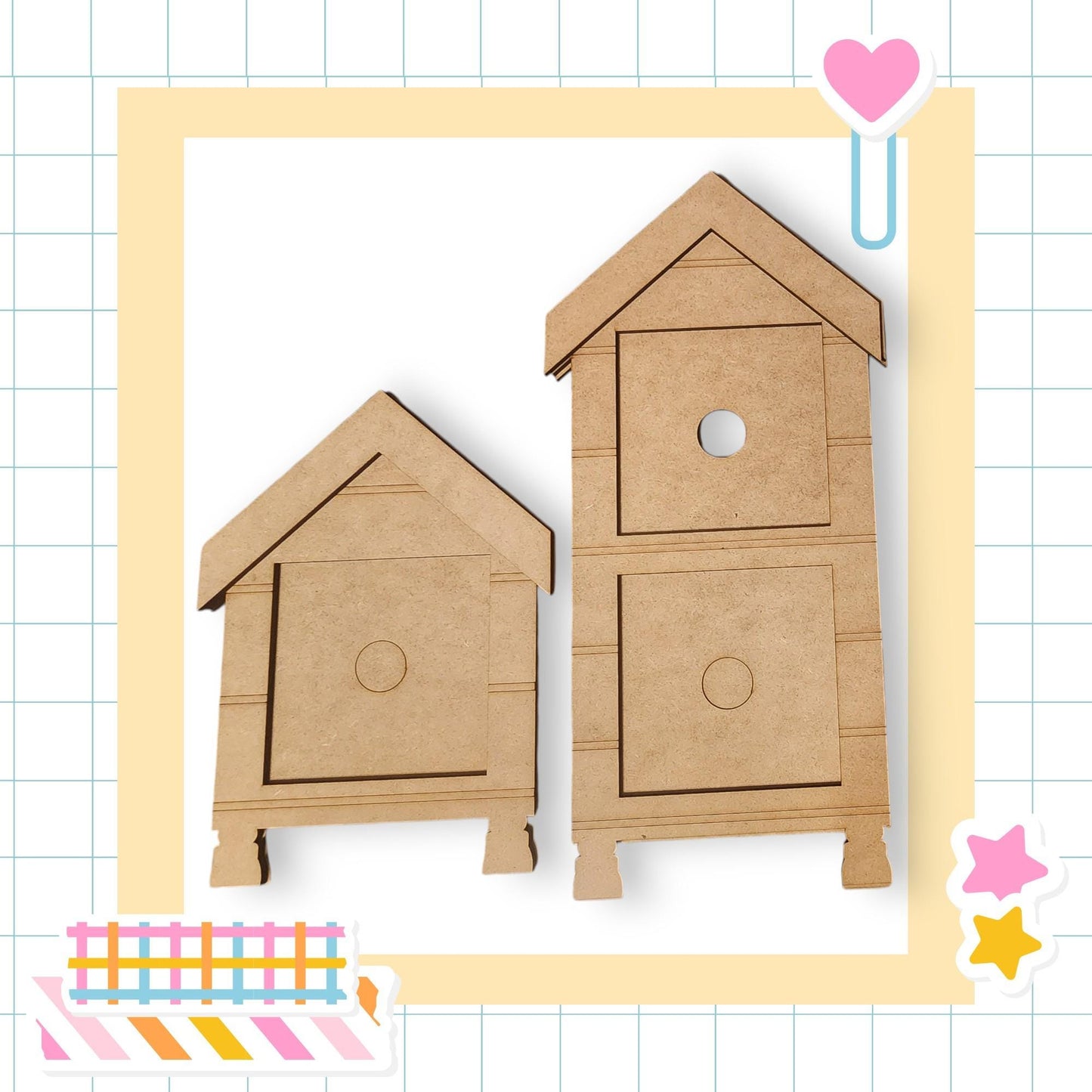 two wooden birdhouses, one smaller and one larger, both with a circular design on the front. The birdhouses are set against a background with a grid pattern, and there are additional decorative elements such as a heart and stars around the edges of the image.