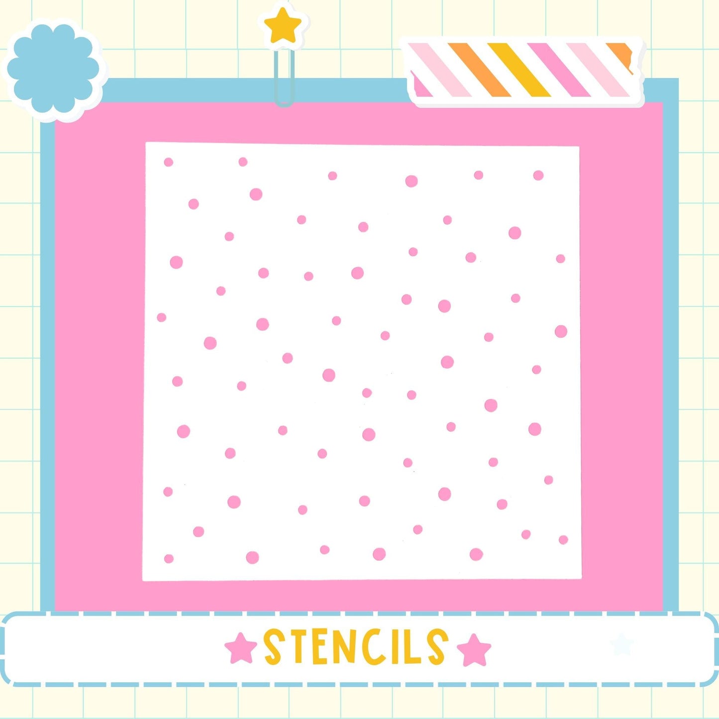 The image is a pink square with white polka dots, surrounded by a border and a star. The word "STENCILS" is written in the bottom right corner.