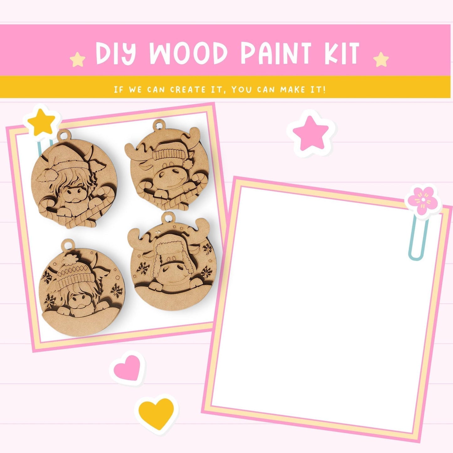 The image is a DIY wood paint kit featuring four wooden ornaments with various designs, including a snowman, a cat, and a bird. The kit appears to be a creative project that allows users to customize their ornaments with different designs and patterns.