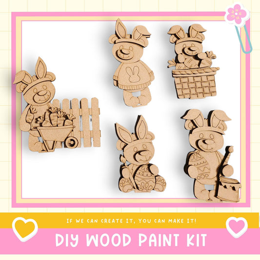 a DIY wood paint kit with various wooden animal figurines, including a bear, rabbit, and other cute animal characters. The kit appears to be designed for children to create their own wooden animal designs.