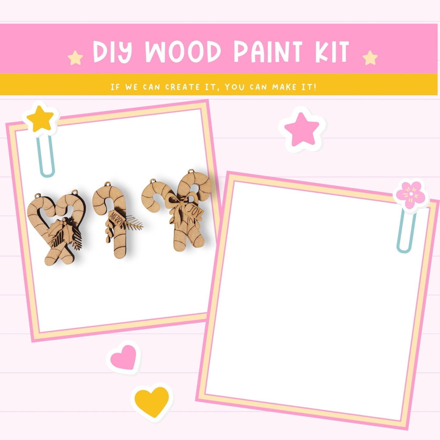 The image is a DIY wood paint kit advertisement with a pink background and a yellow banner. It features wooden candy canes and hearts, along with a blank white frame.