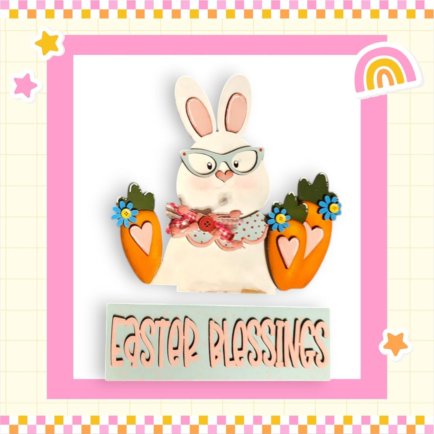 a picture of a bunny holding two carrots