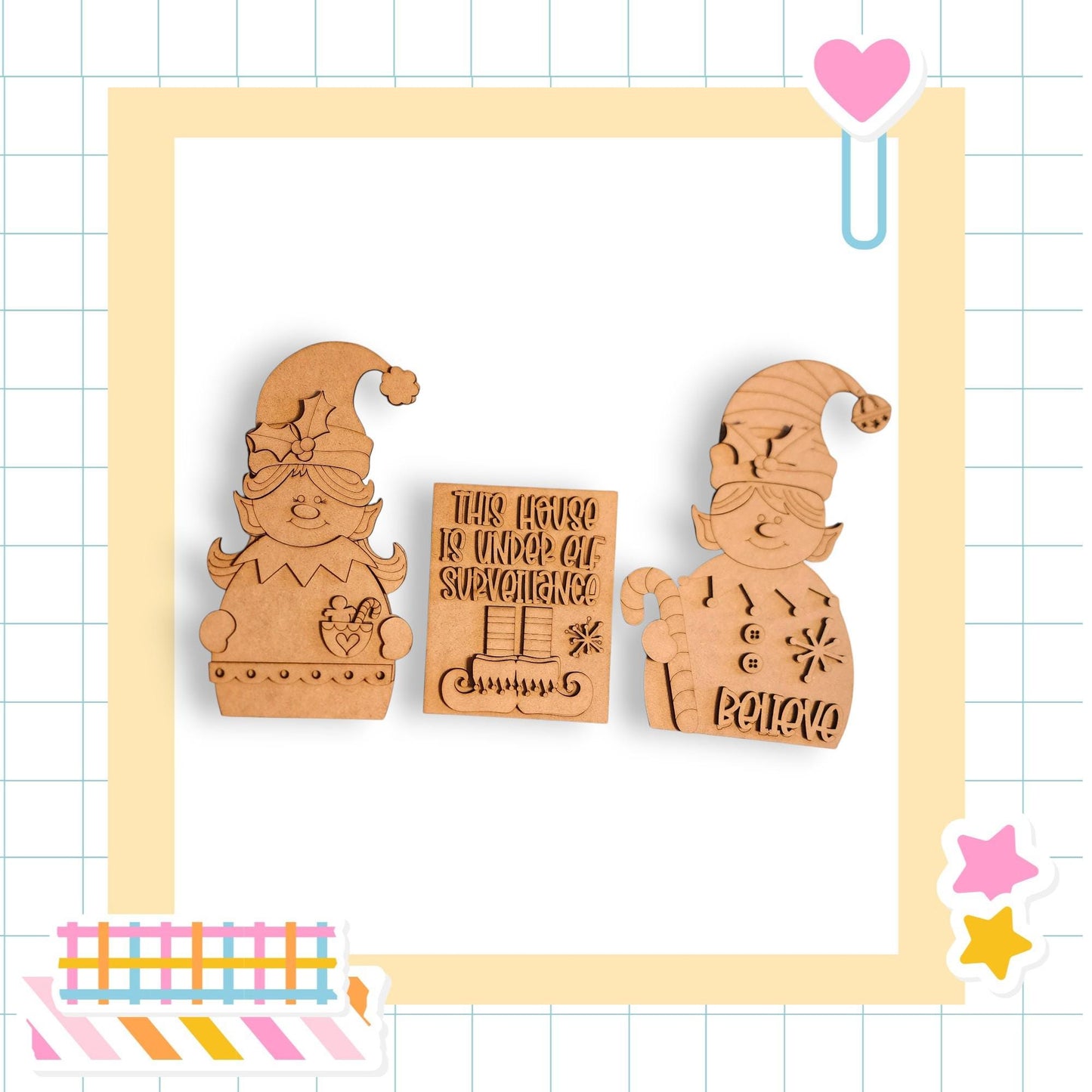 three wooden elf figurines, each with a unique design and message.
