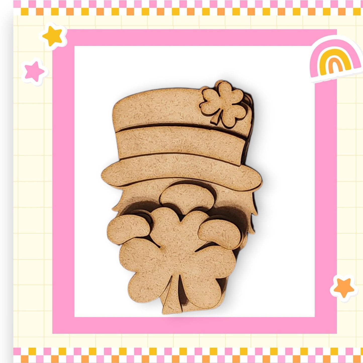 a wooden cutout of a lepreite with a rainbow in the background