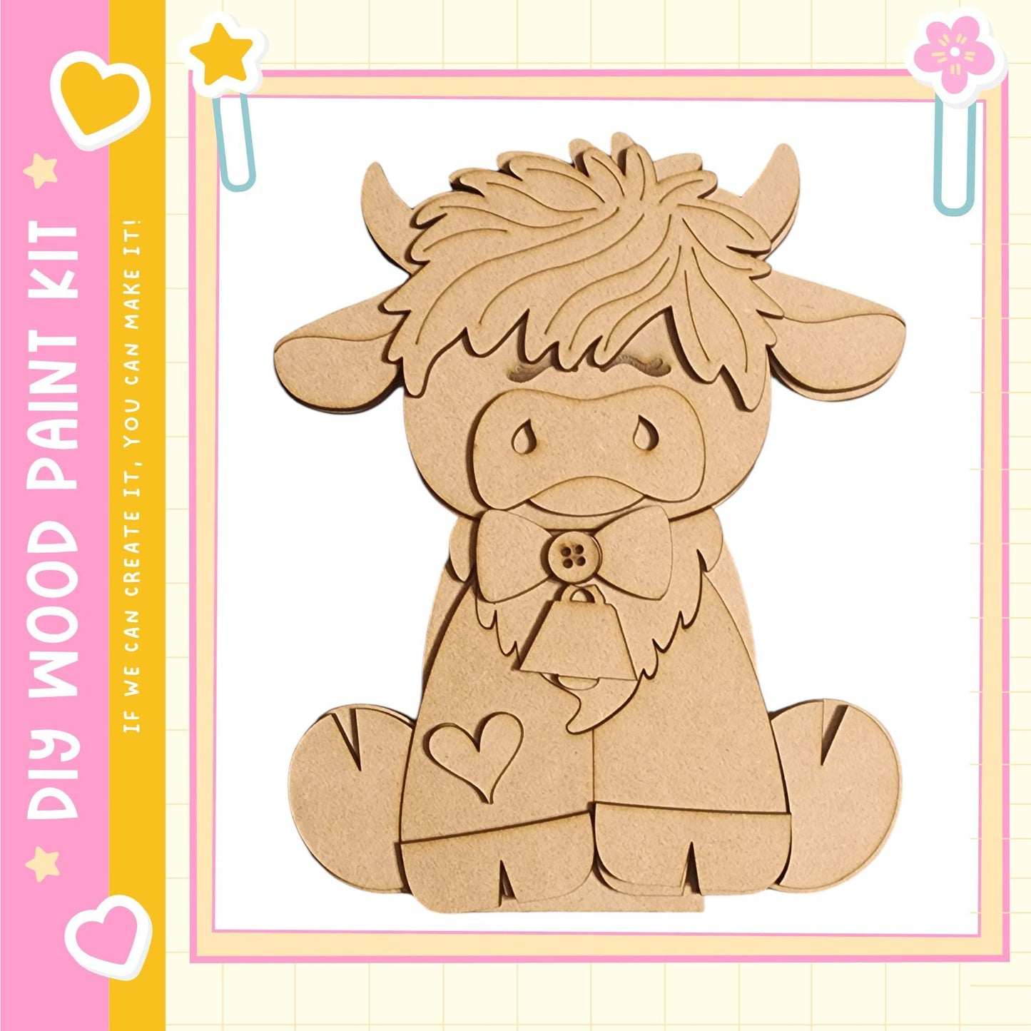 A wooden cutout of a cow with a bow tie, sitting on its hind legs.