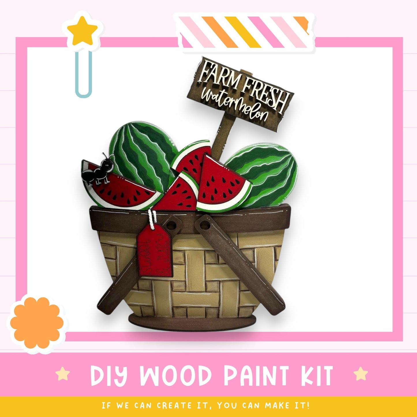 a picture of a watermelon in a basket with a sign
