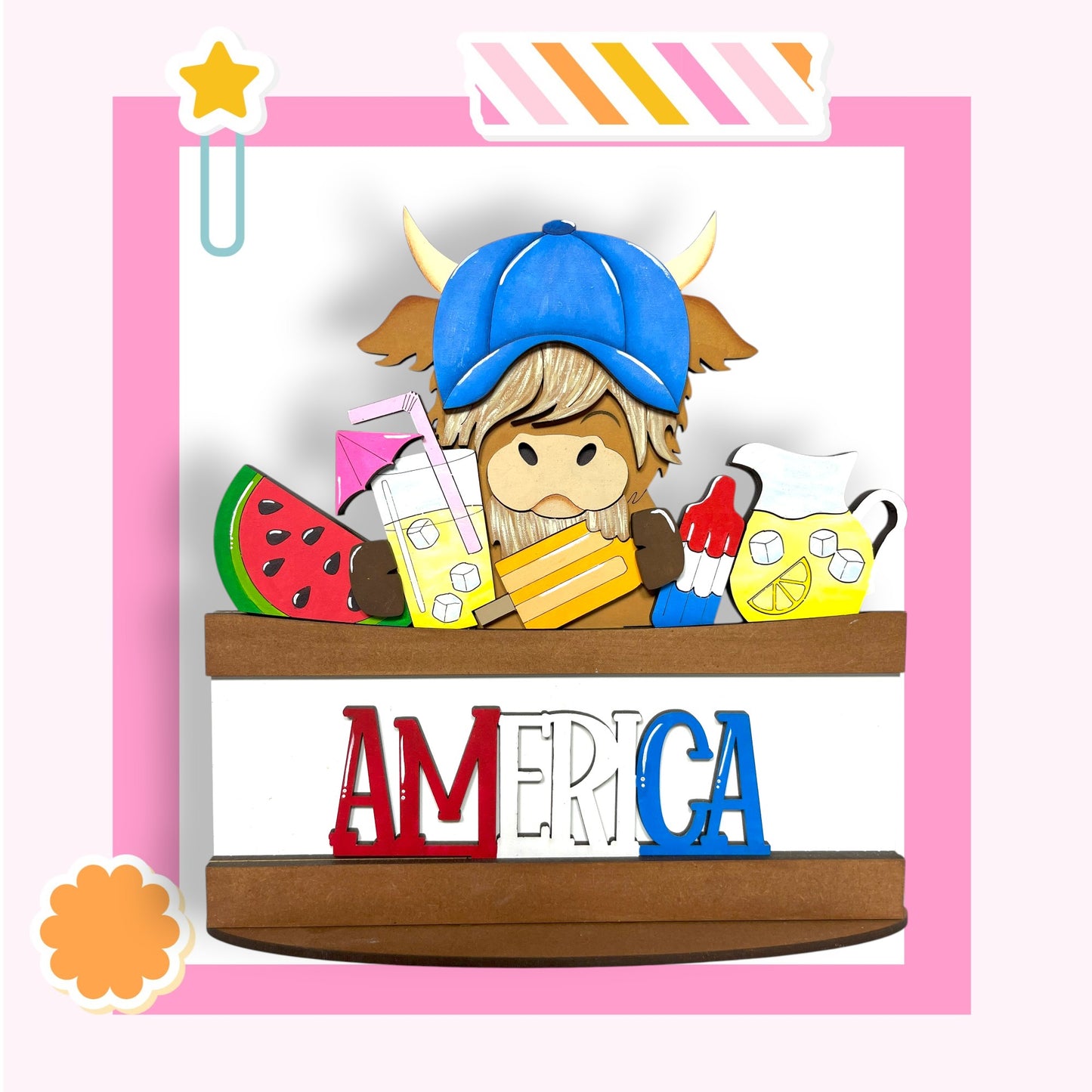 A cartoon cow wearing a blue hat and holding various objects, including a watermelon slice, a cup, and a cake, with the word "AMERICA" written on a wooden sign below.