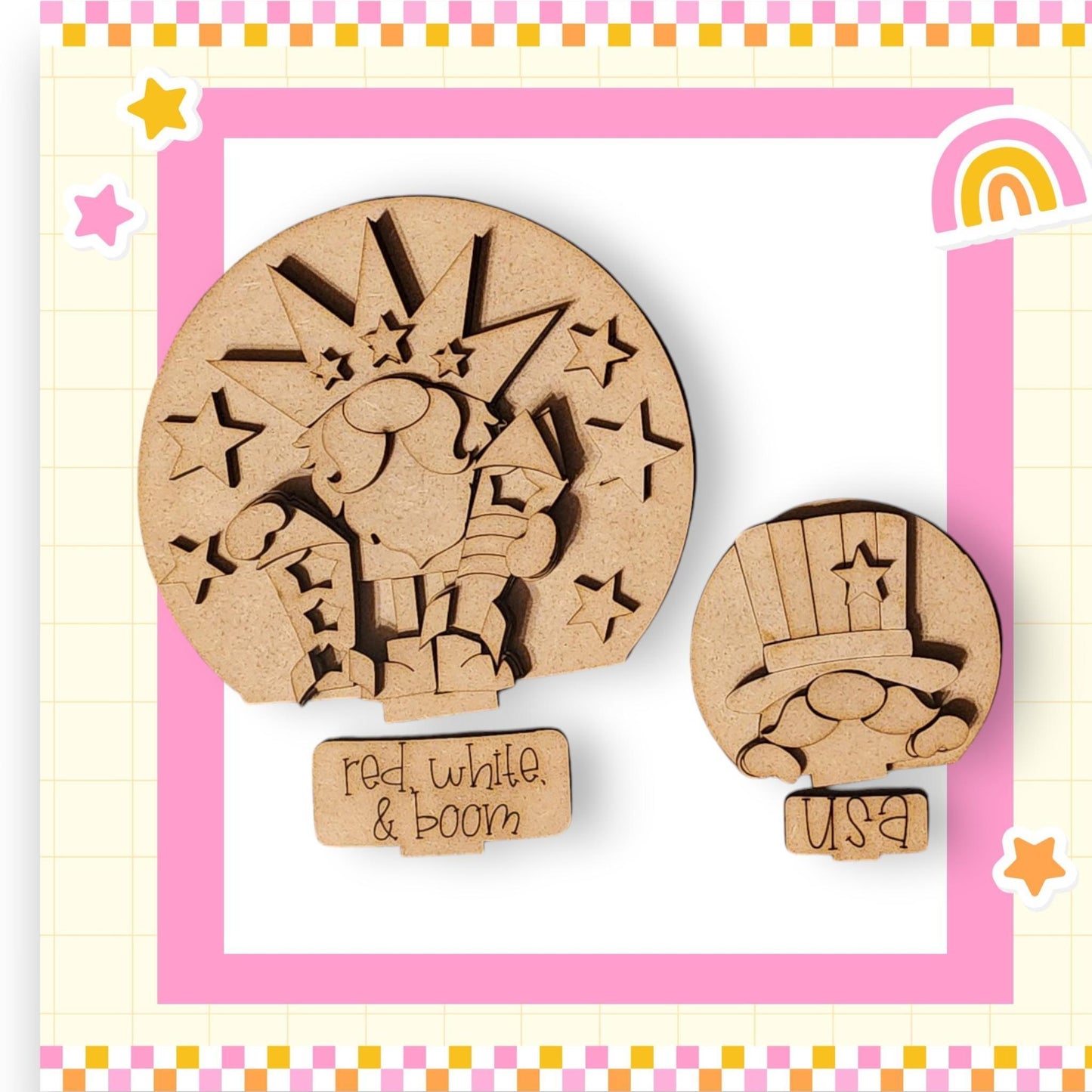 two wooden magnets with a picture of a cat and a dog