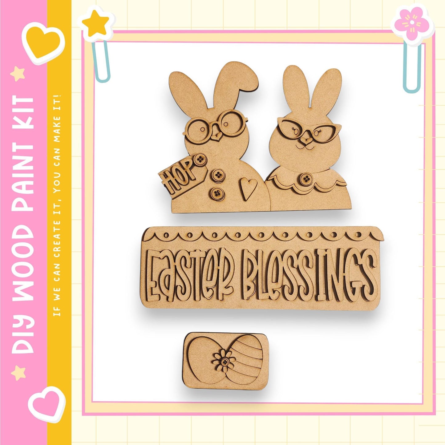 a kit for creating Easter-themed decorations, including a pair of wooden Easter bunny figures and a sign that says "Easter Blessings".