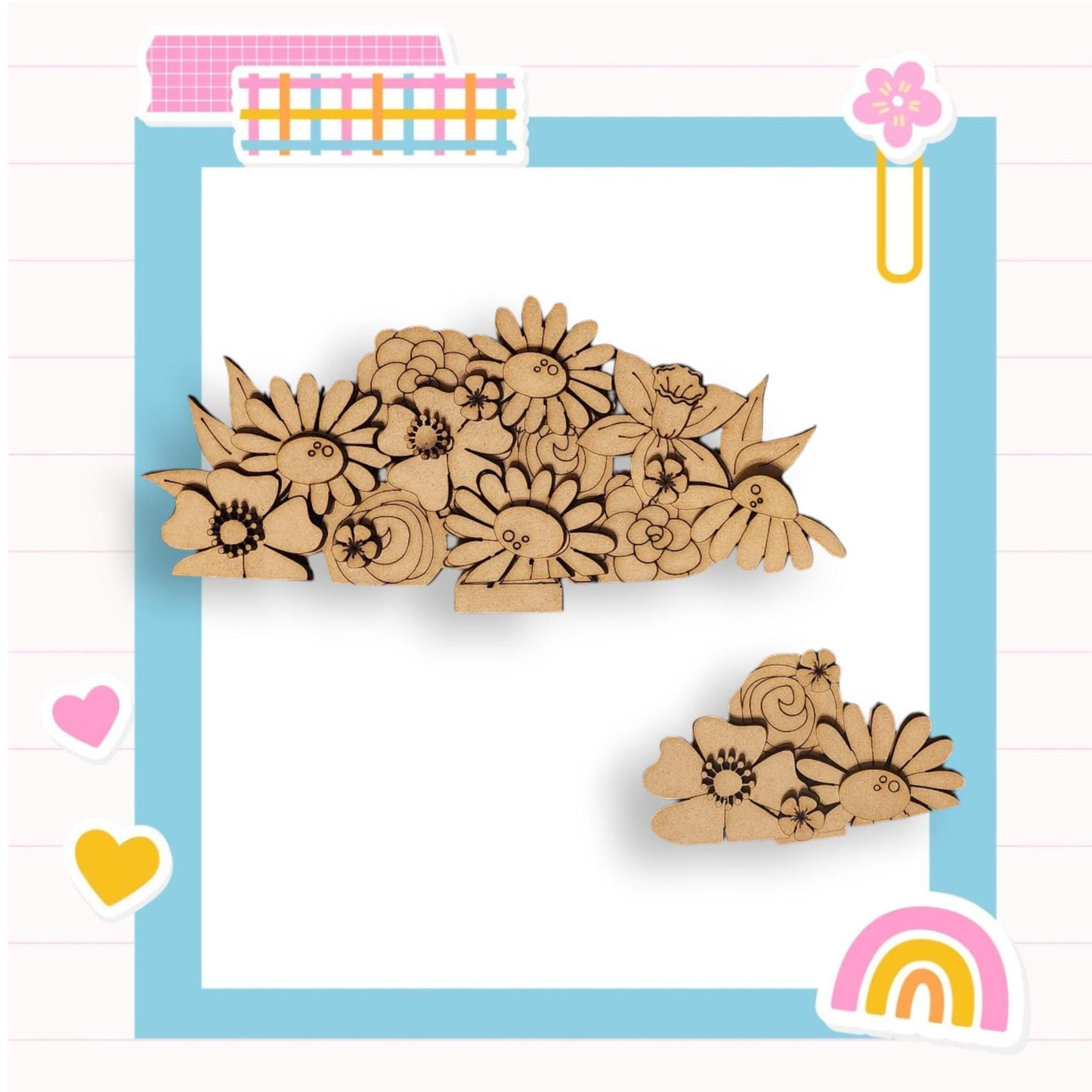 a wooden cutout of flowers and a rainbow