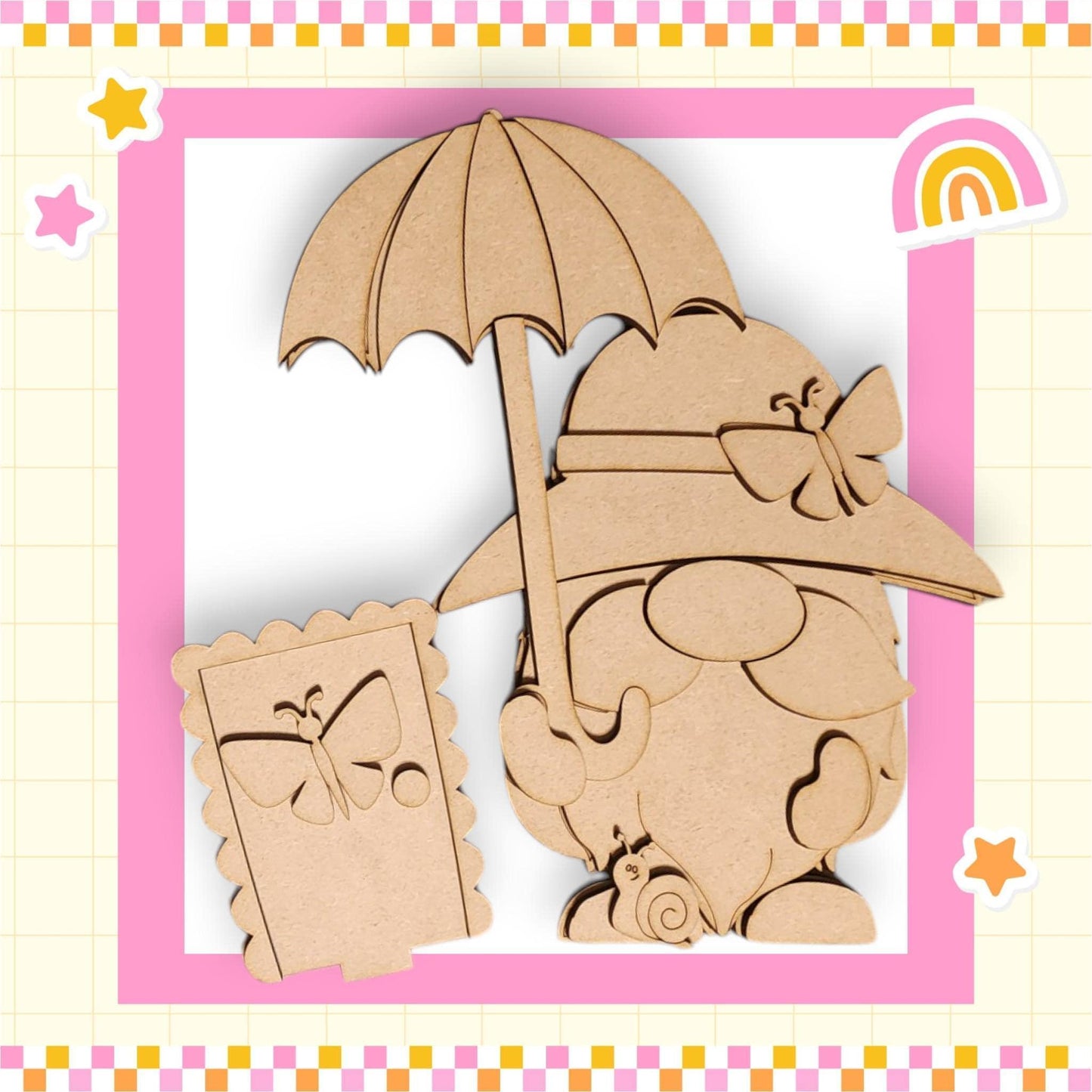 a wooden cutout of an elephant with an umbrella