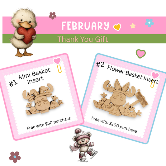The image is a promotional poster for a gift set, featuring a cute duck holding a heart, a mini basket insert, and a flower basket insert. The poster includes text that thanks the gift giver and offers free gifts with purchases of $50 and $100.