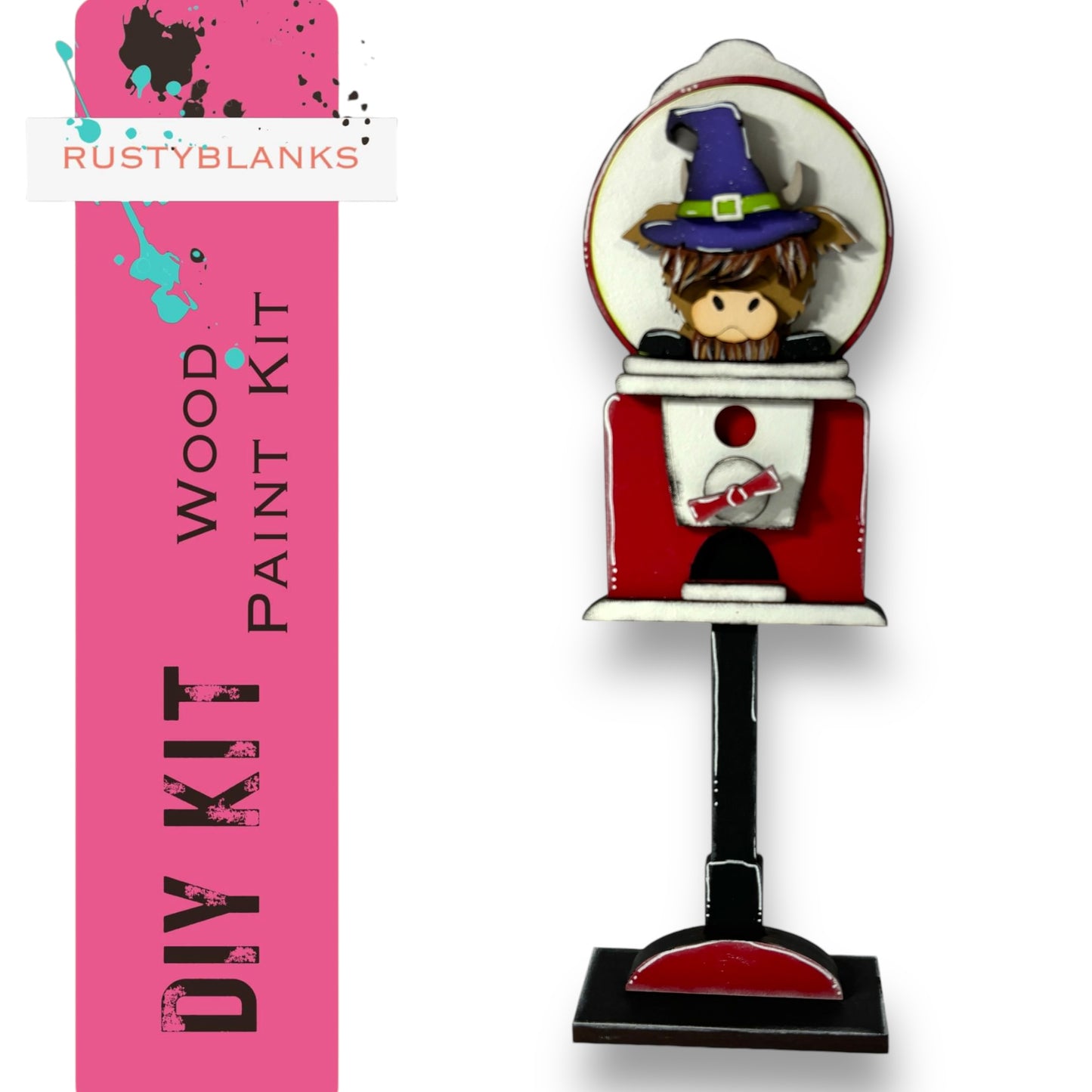 a wooden paint kit with a whimsical design, including a small figure of a person wearing a witch's hat.