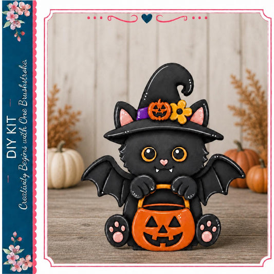 A black cat wearing a witch's hat and carrying a carved pumpkin is sitting on a wooden surface, with pumpkins and a floral border in the background.