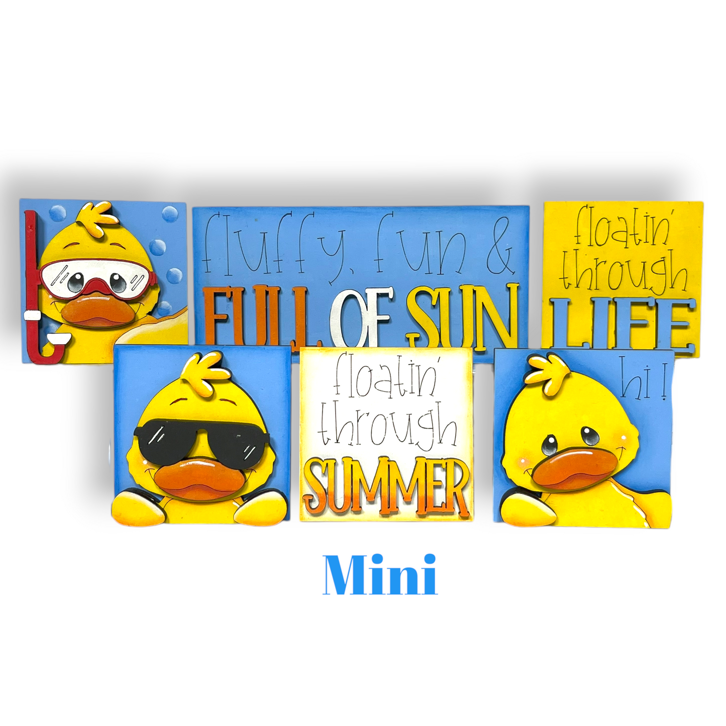The image is a collage of four images featuring a yellow duck wearing sunglasses and the text "floatin' through summer" in various colors.
