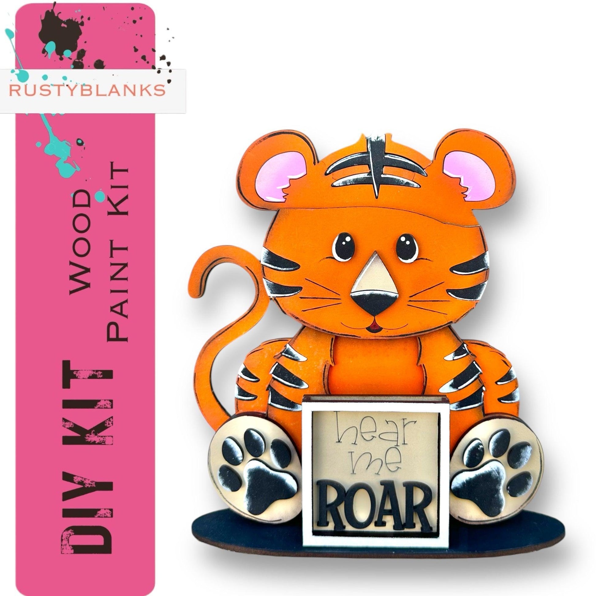 a paper cut out of a tiger holding a sign