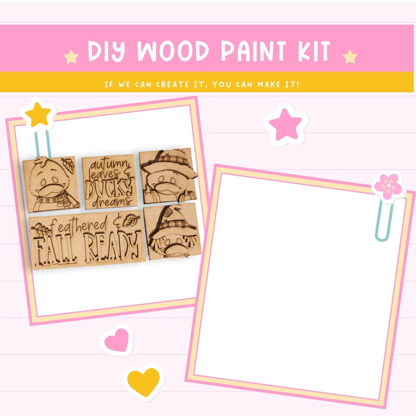 The image is a DIY wood paint kit advertisement featuring a wooden block with a cartoon character and the text "FEATURED FAIL READY" along with a blank white space for customization.