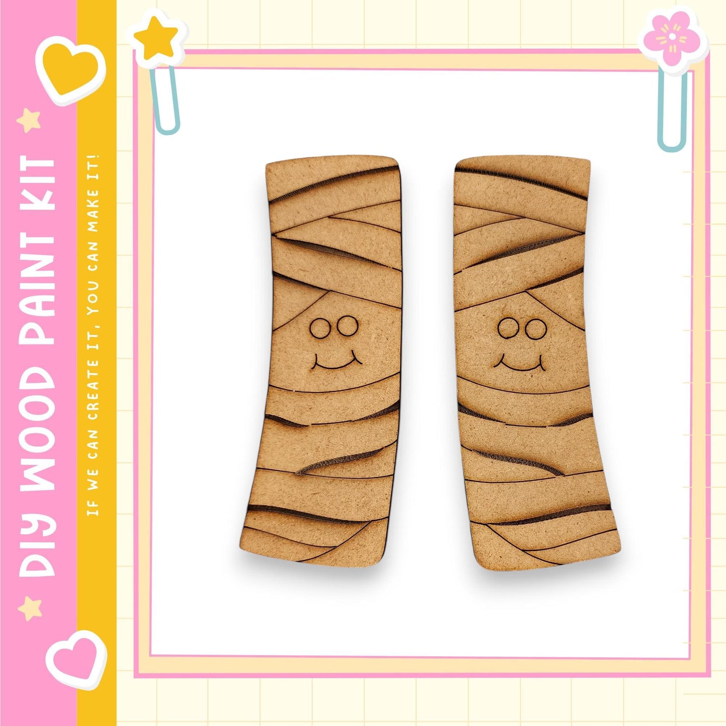 two wooden slats with a smiling face design on them, set against a pink and yellow background with decorative elements.
