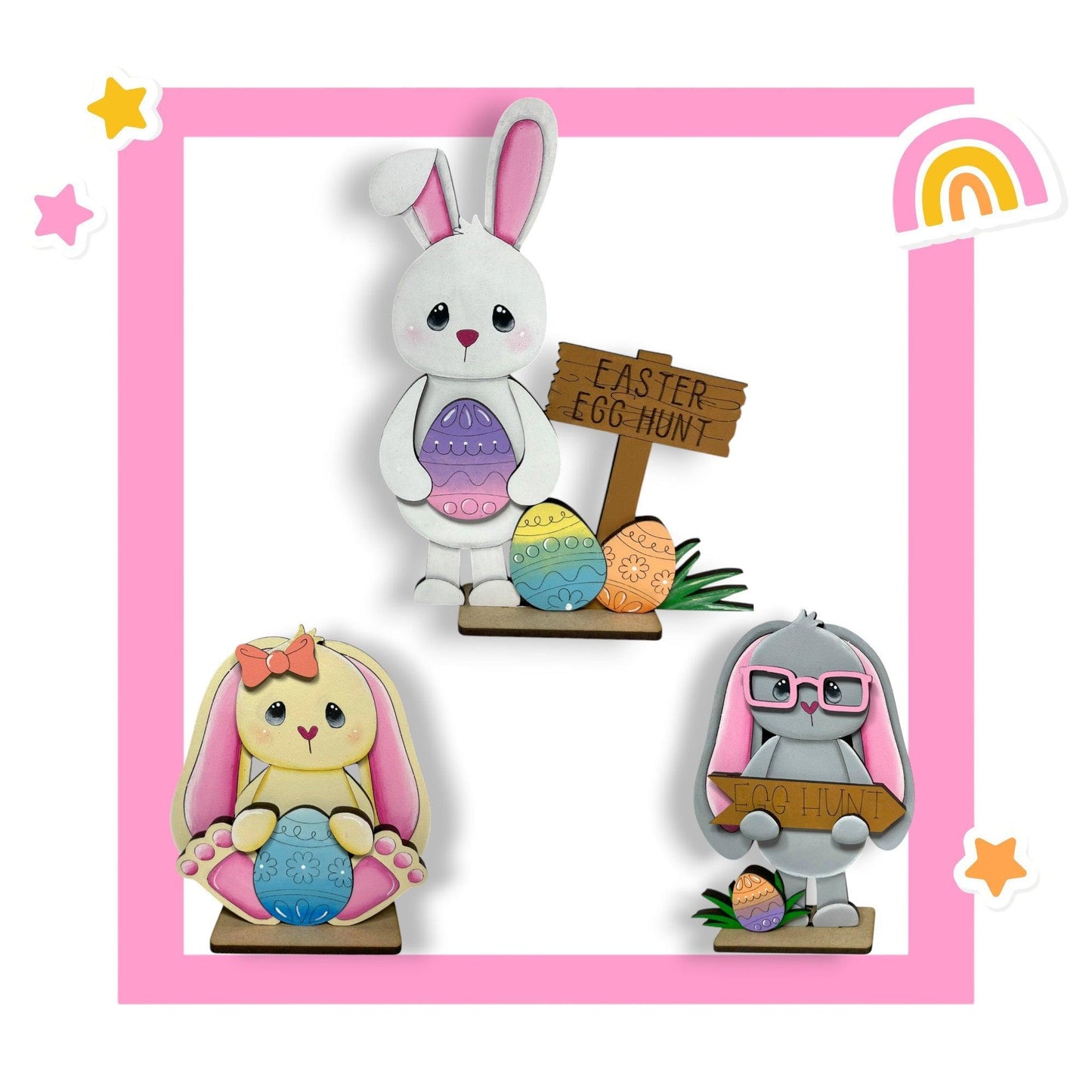 a picture of a bunny, a rabbit, and a bunny with a sign
