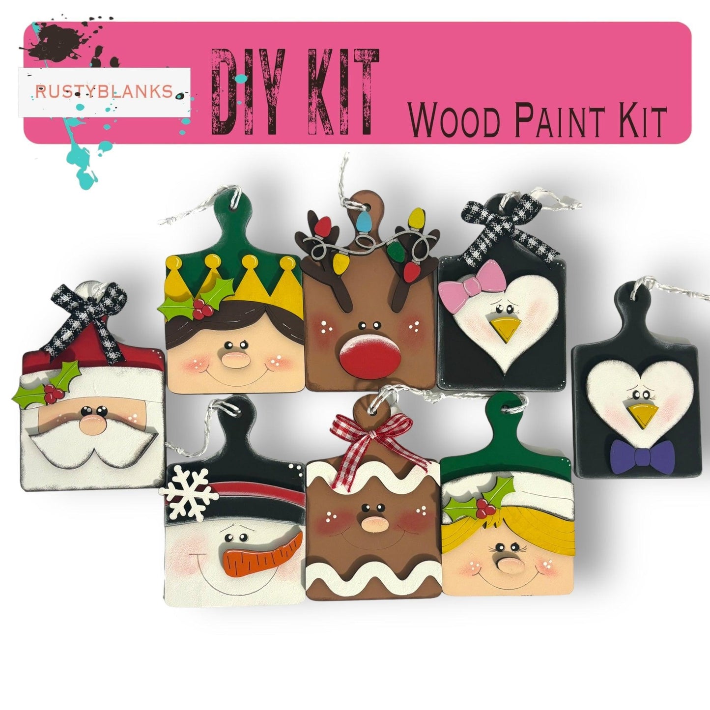 a group of wooden christmas ornaments on a white background