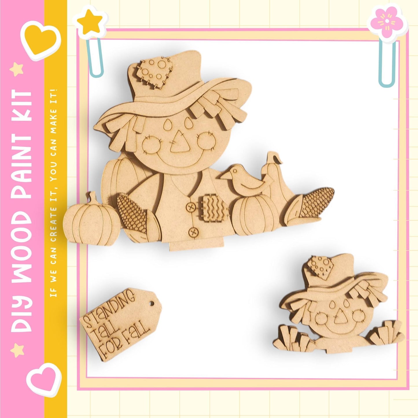a wooden scarecrow kit with a variety of scarecrow designs, including a larger scarecrow and a smaller scarecrow, as well as a tag that reads "Stand tall for fall".