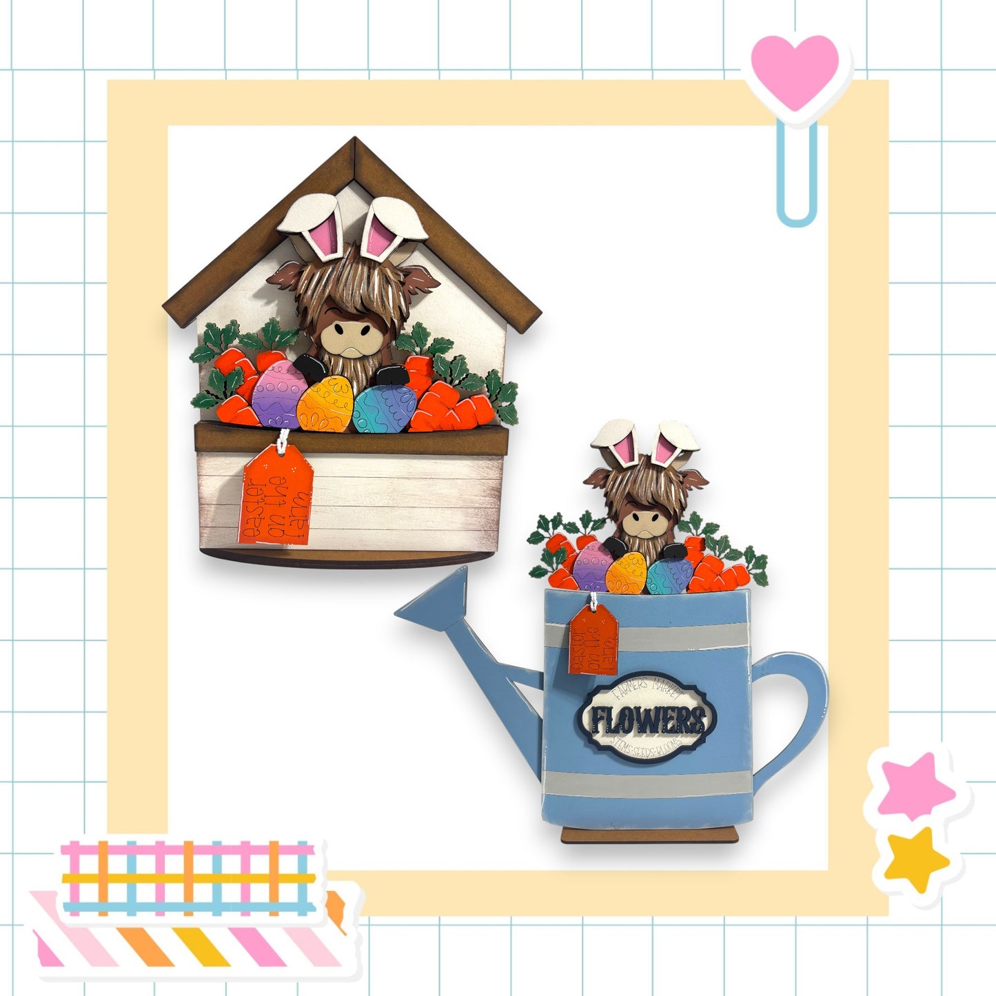 a whimsical scene with a small bunny figurine sitting inside a blue watering can, surrounded by a variety of colorful flowers. The watering can is placed on a table, and the bunny appears to be enjoying the cozy and charming atmosphere created by the floral arrangement.