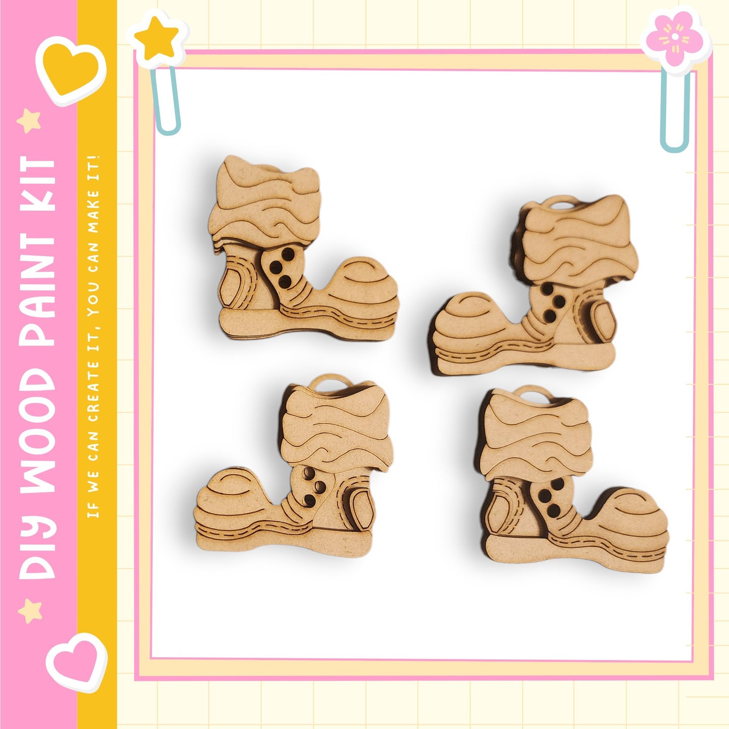 four wooden toy boots, each with a unique design and color, arranged in a square frame.