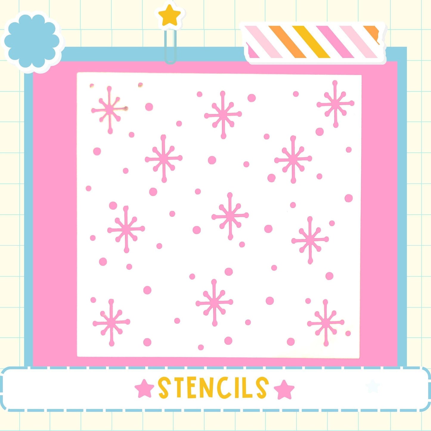The image is a collage of various images, including a pink and white background with pink snowflake-like shapes and a star. The word "STENCILS" is displayed in the bottom right corner of the image.
