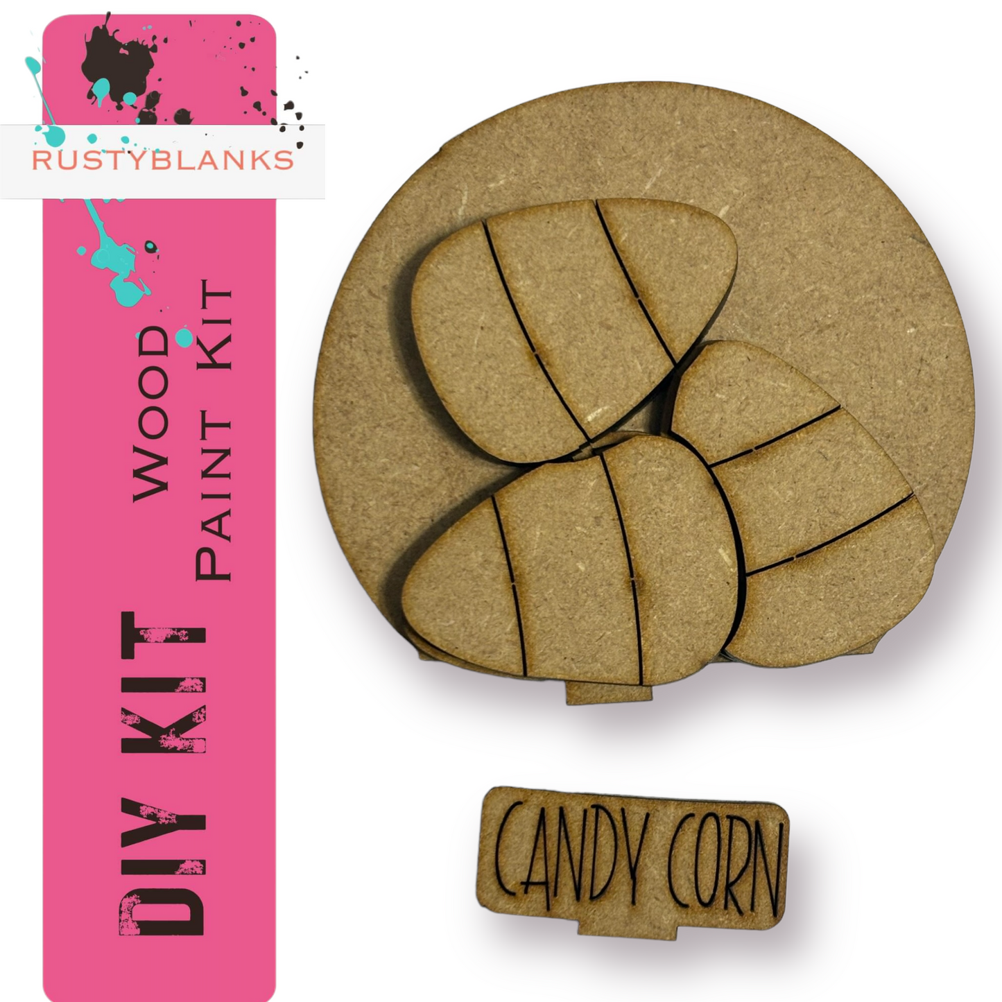 a DIY kit for creating wooden paint pieces, specifically candy corn-shaped pieces. The kit is labeled as a "DIY KIT" and includes a wooden piece and a label with the word "CANDY CORN".
