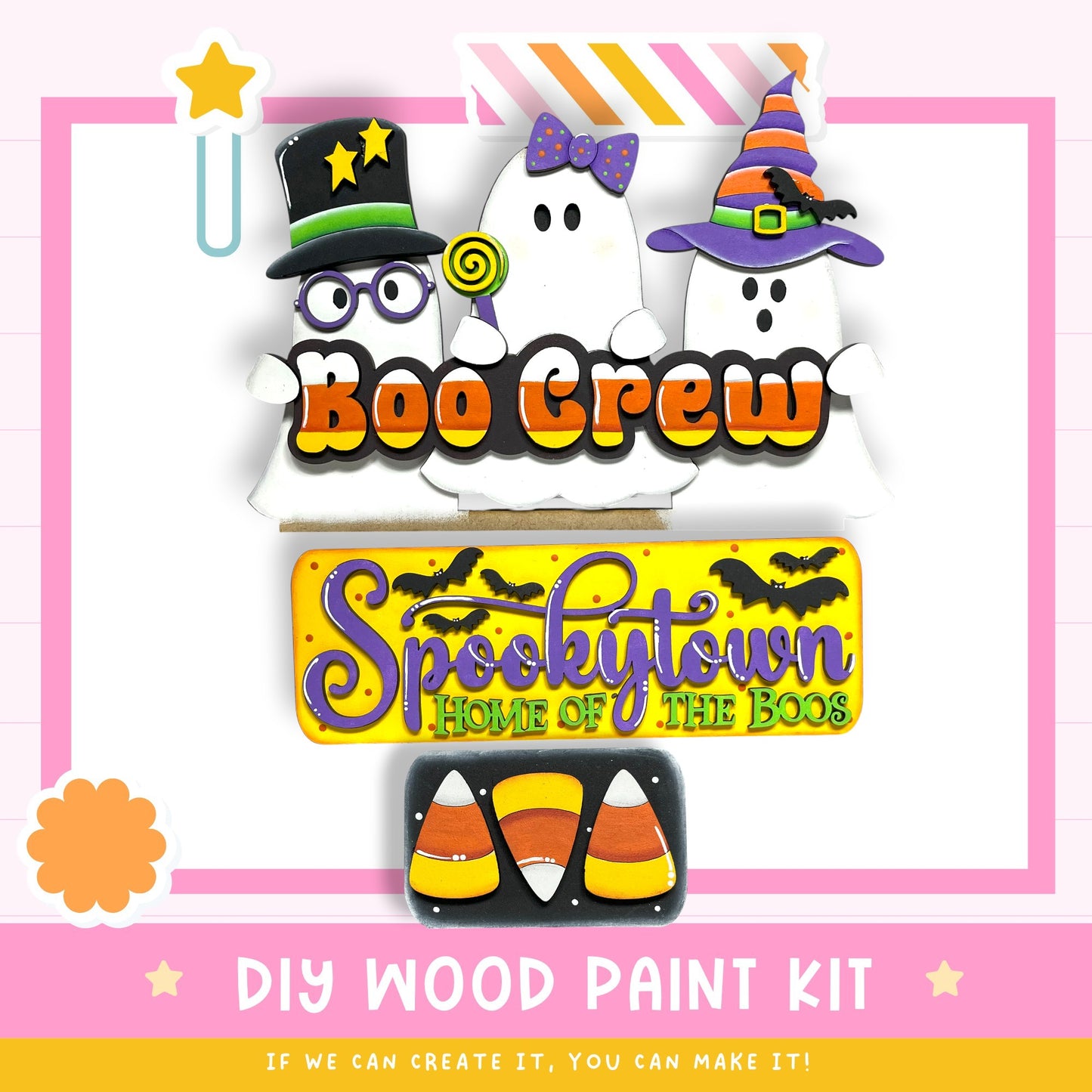 The image is a promotional poster for a DIY wood paint kit for creating Halloween decorations. It features three spooky ghost characters and a sign for "Spookytown Home of the Boos".