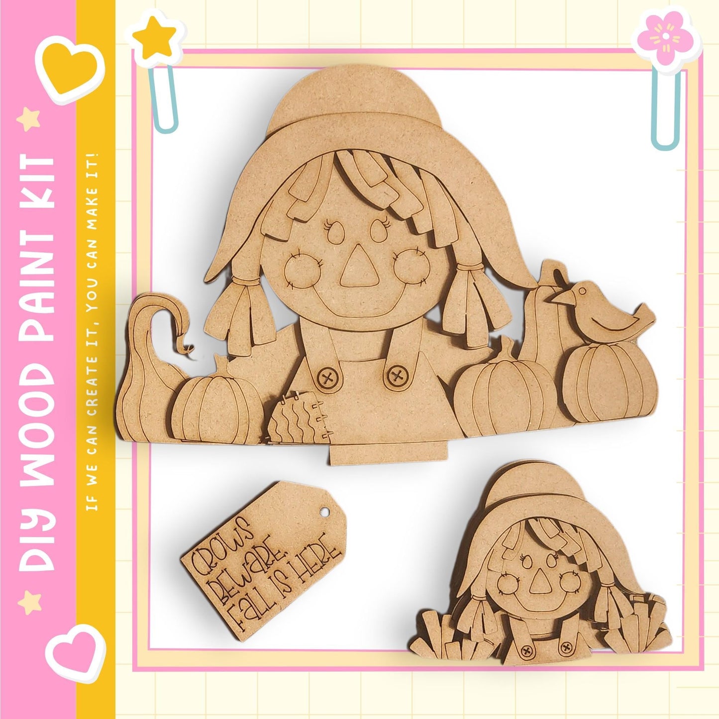 a wooden paint kit with a cute scarecrow design, including a label that reads "Cows are falling down fall is here".