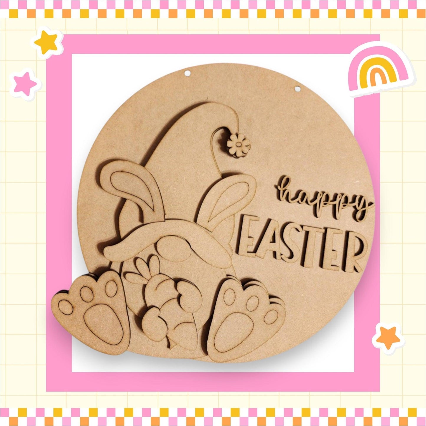a wooden plaque with a happy easter bunny on it