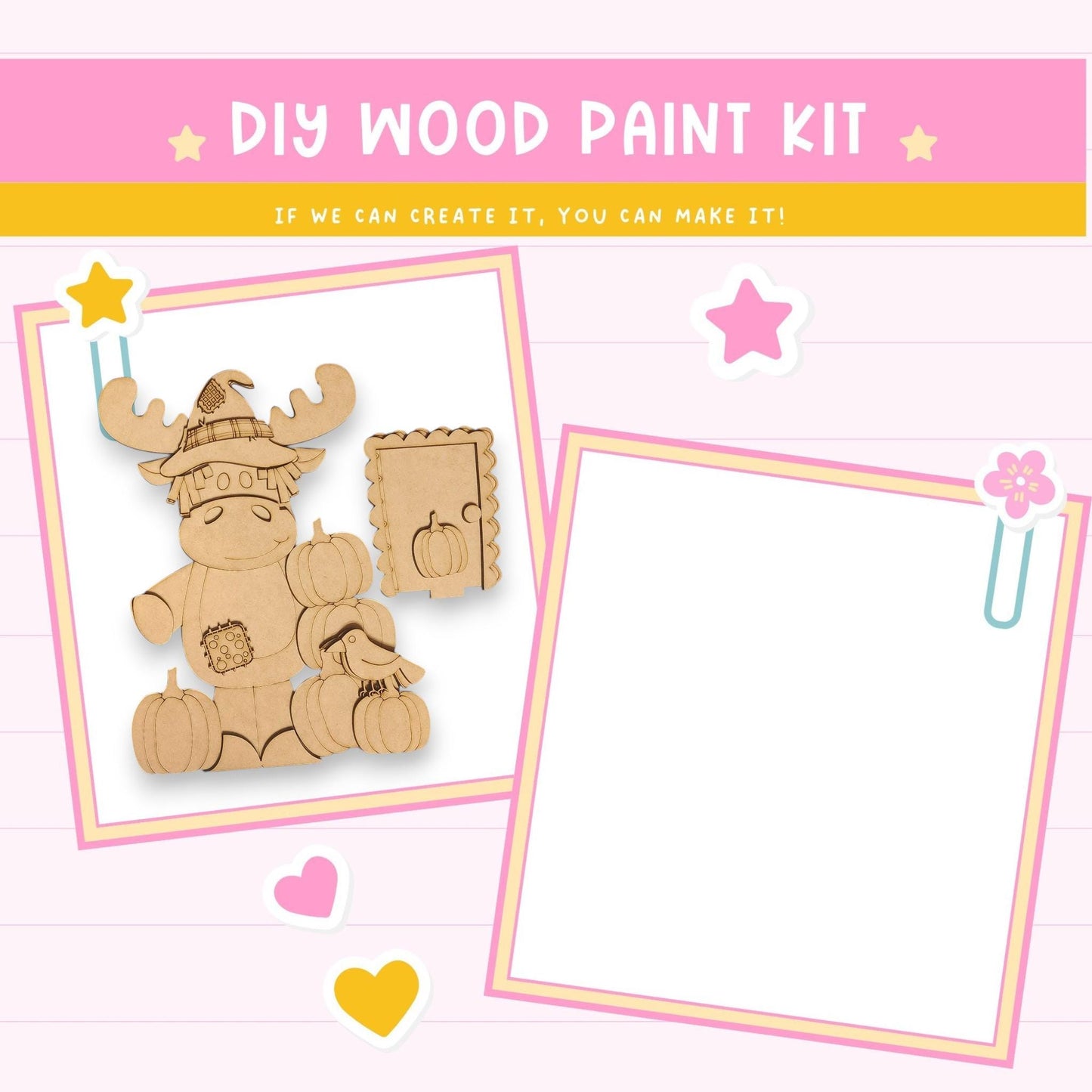 The image is a DIY wood paint kit featuring a wooden moose and a wooden pumpkin. The moose is wearing a hat and holding a pumpkin, while the pumpkin is placed on a wooden surface. The kit appears to be designed for creating wooden decorations or toys.