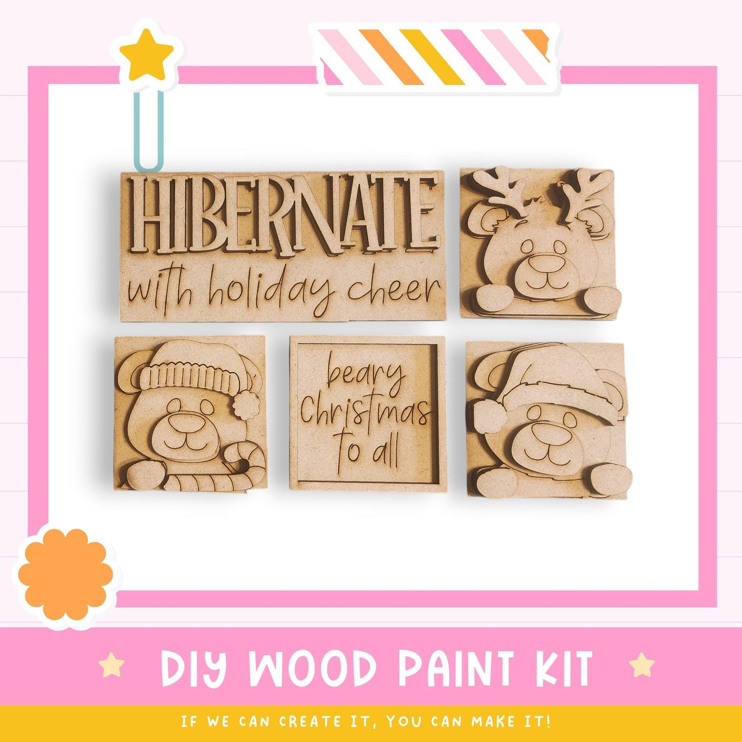 The image is a promotional poster for a DIY wood paint kit, featuring a collage of four wooden cutouts of bears and a festive holiday message.