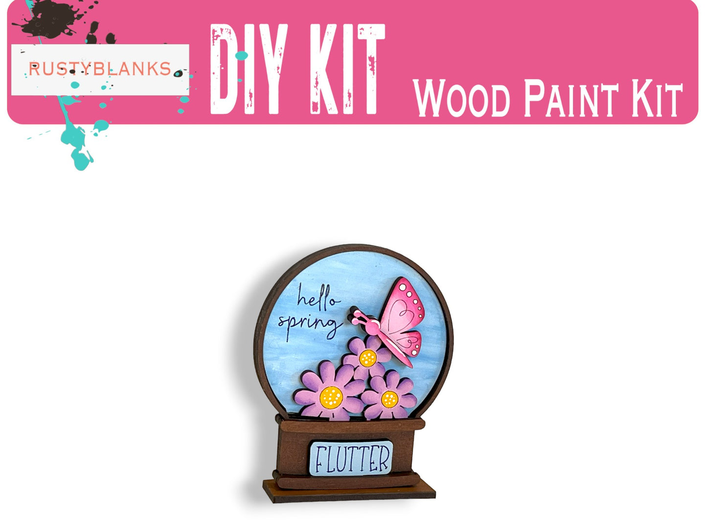 The image is a DIY kit for a wood paint kit, featuring a decorative wooden snow globe with a butterfly and flowers.