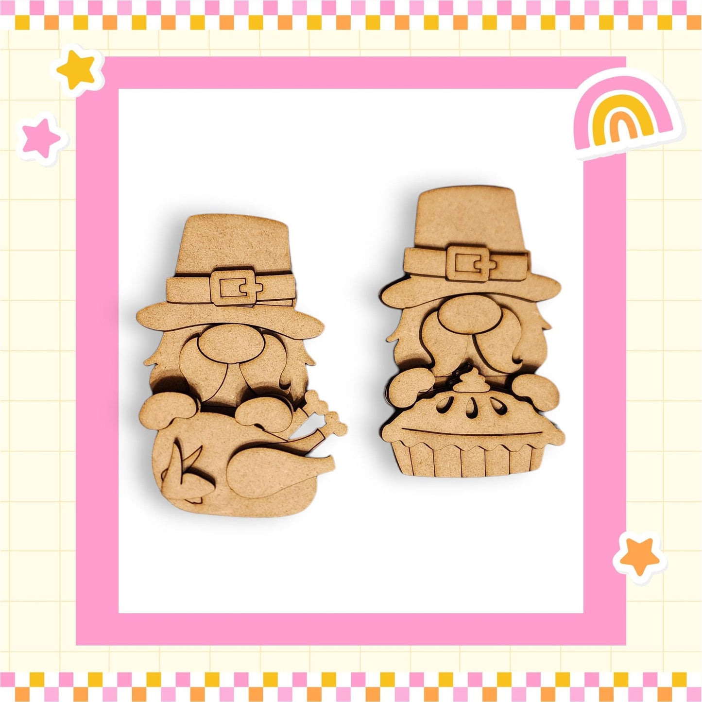 two wooden gnome figurines wearing hats, one with a pie in its hands, set against a pink and yellow checkered background with stars and a rainbow.