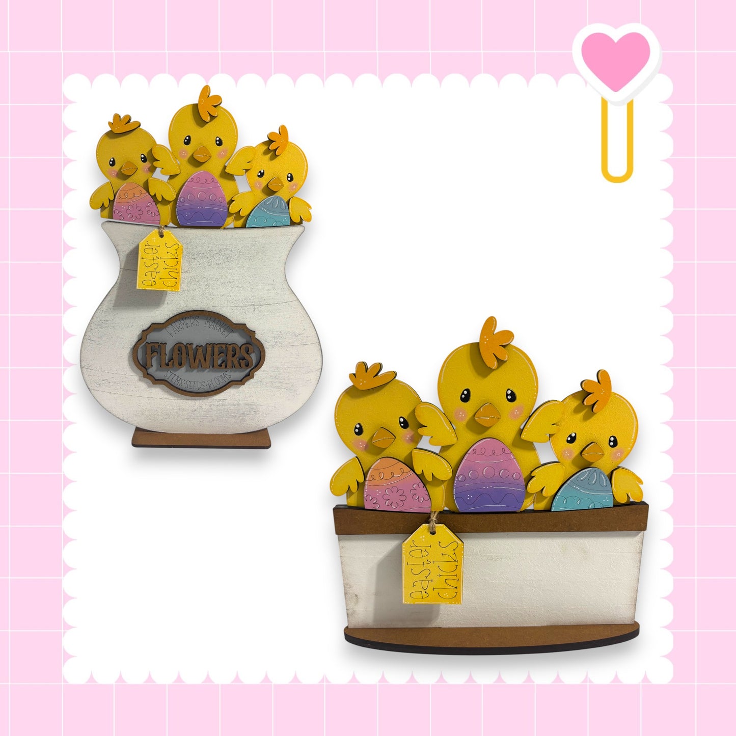 a collection of cheerful yellow chicks sitting in various containers, including a white vase labeled "FLOWERS" and a wooden basket.