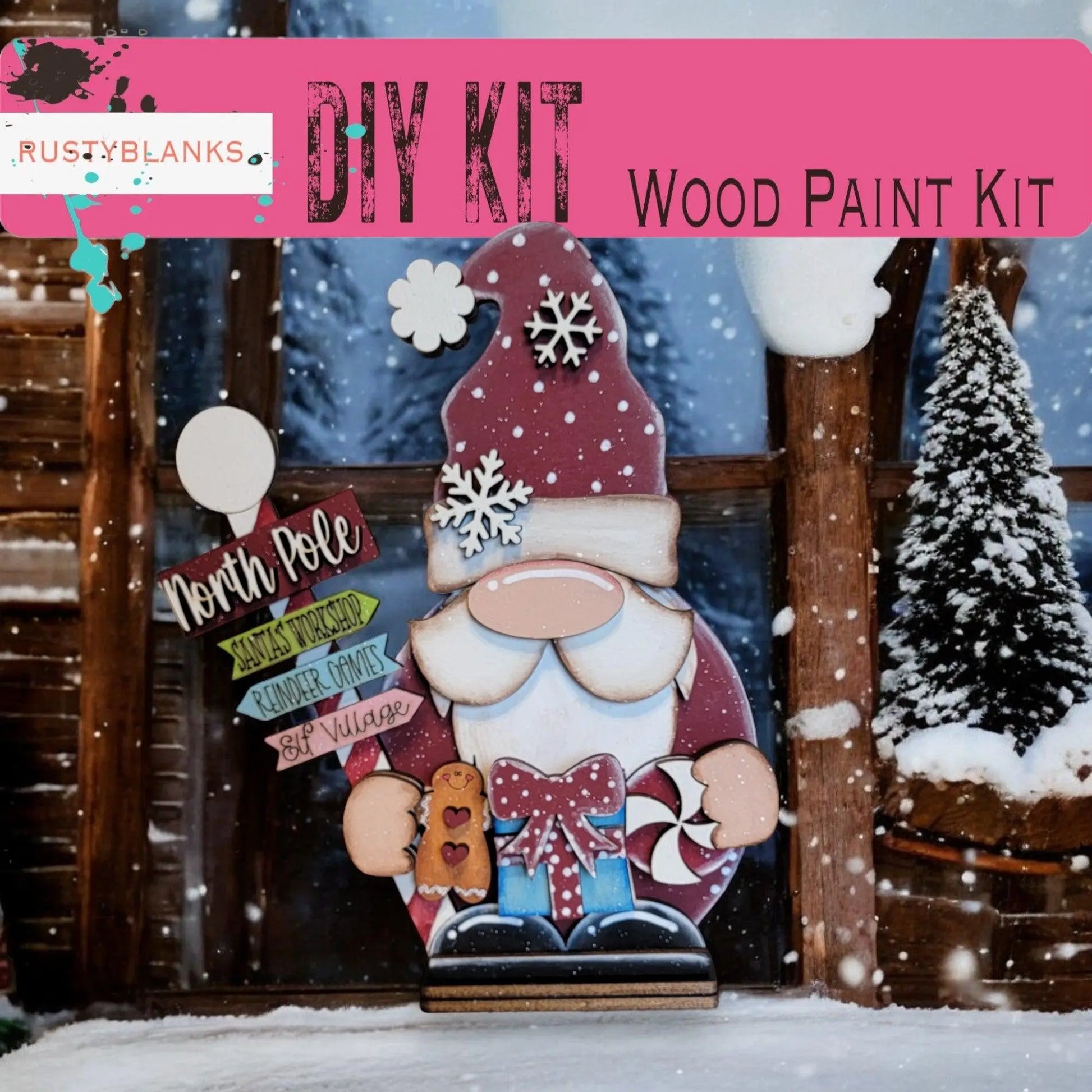 a picture of a wooden santa clause in the snow