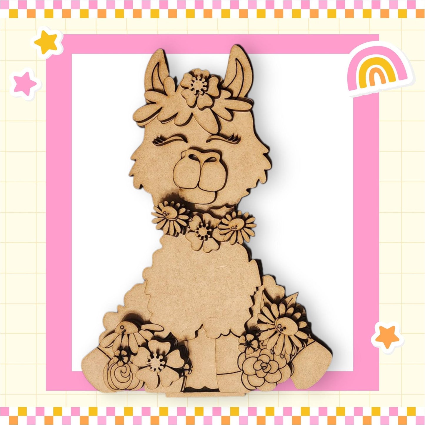 a wooden cutout of a llama with flowers