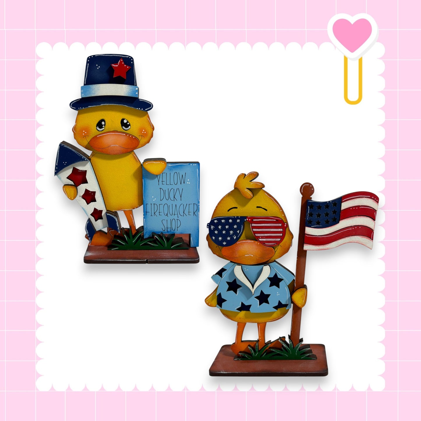 two cartoon duck figurines, one wearing a top hat and the other holding an American flag, set against a pink background with a heart shape.
