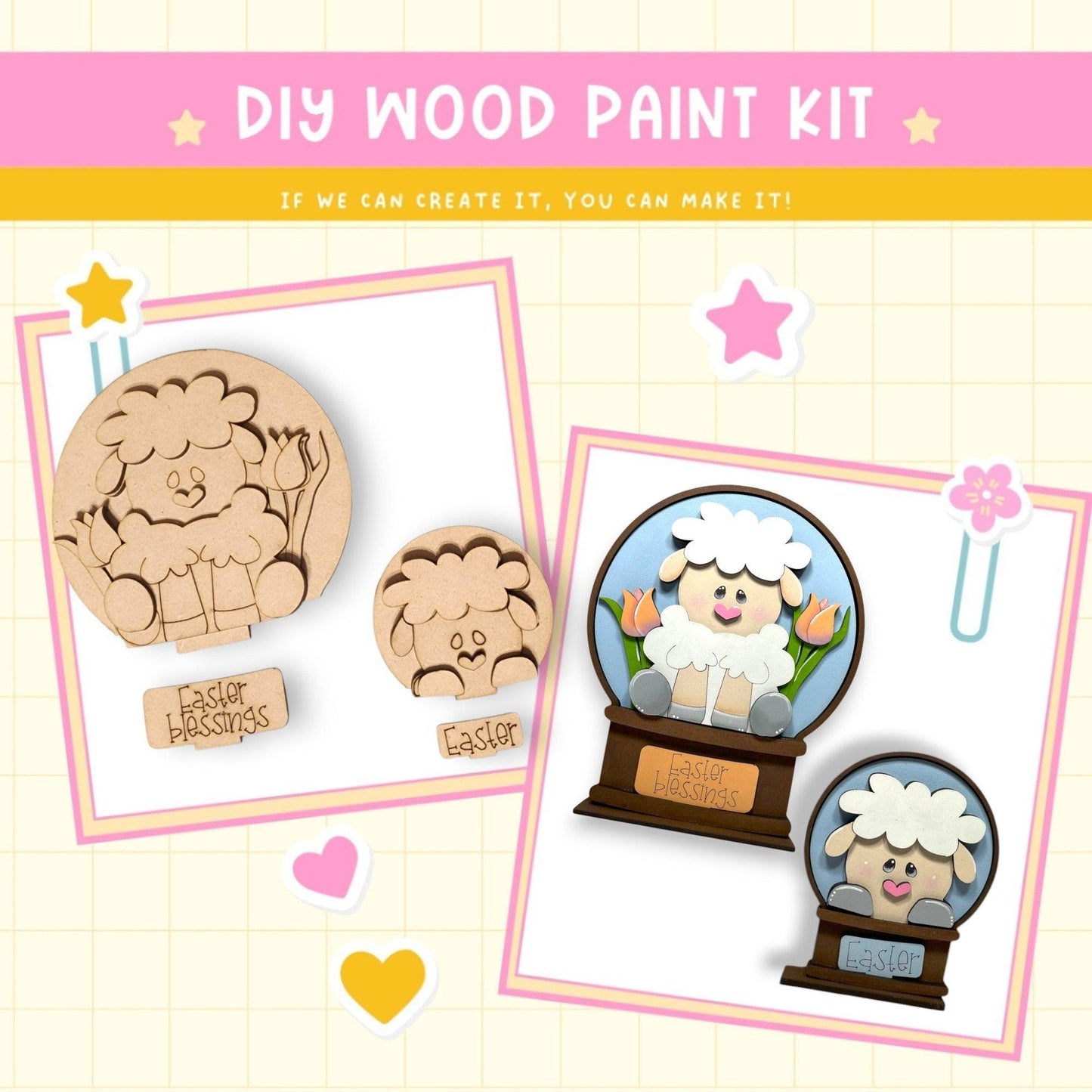 a picture of a wooden craft kit with sheep